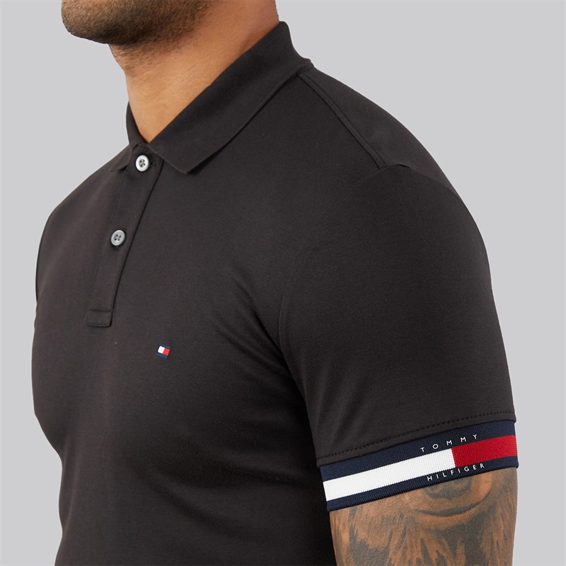 Tommy Hilfiger Mens RWB Cuff Liquid Polo Shirt Black