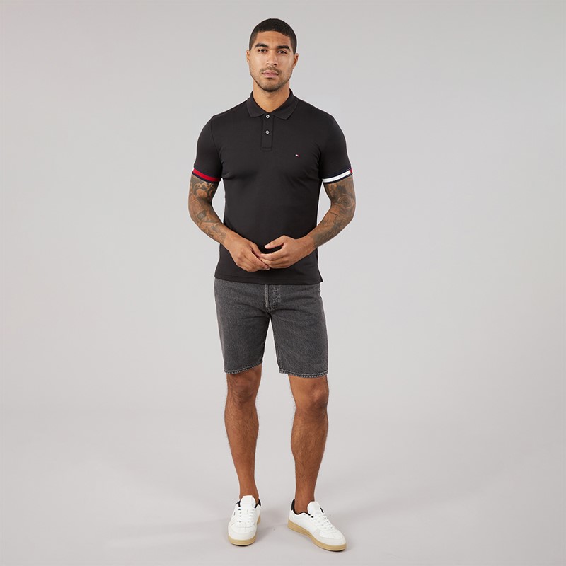 Tommy Hilfiger Mens RWB Cuff Liquid Polo Shirt Black