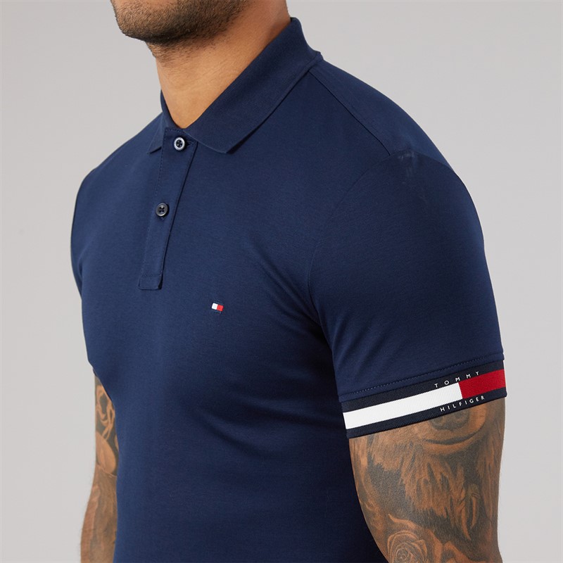 Tommy Hilfiger Mens RWB Cuff Liquid Polo Shirt Carbon Navy