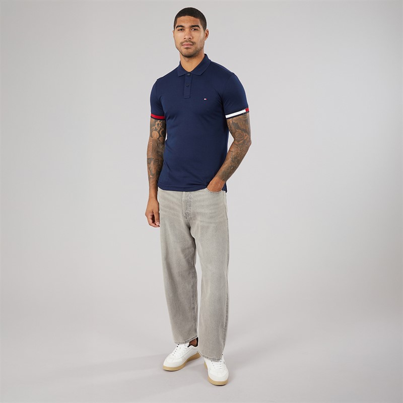 Tommy Hilfiger Mens RWB Cuff Liquid Polo Shirt Carbon Navy
