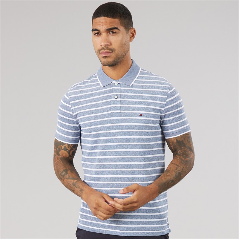 Tommy Hilfiger Mens Cotton Linen Pique Polo Shirt Blue Jean/White