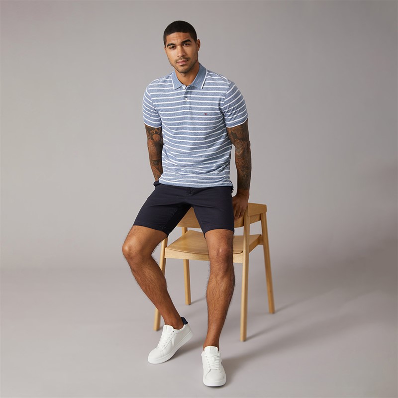 Tommy Hilfiger Mens Cotton Linen Pique Polo Shirt Blue Jean/White
