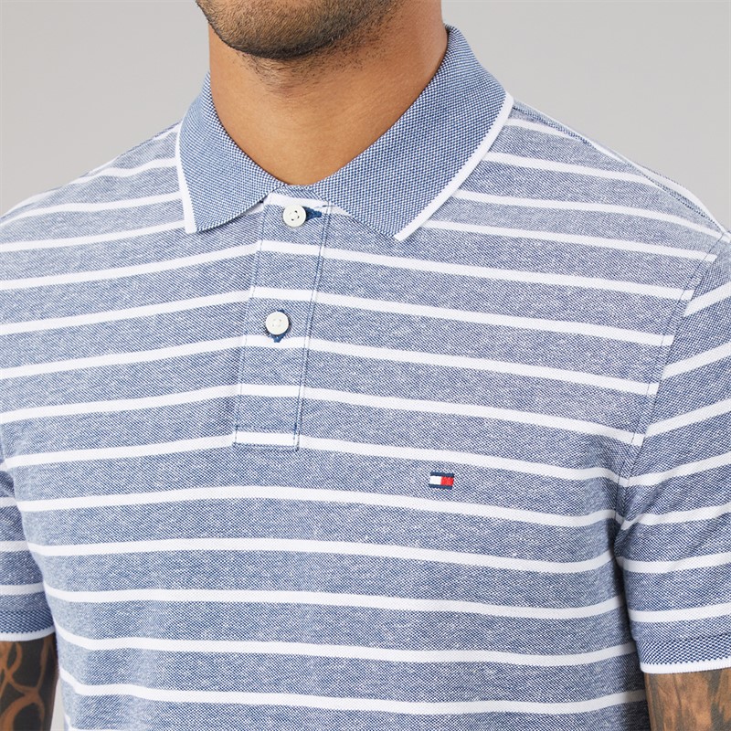 Tommy Hilfiger Mens Cotton Linen Pique Polo Shirt Blue Jean/White