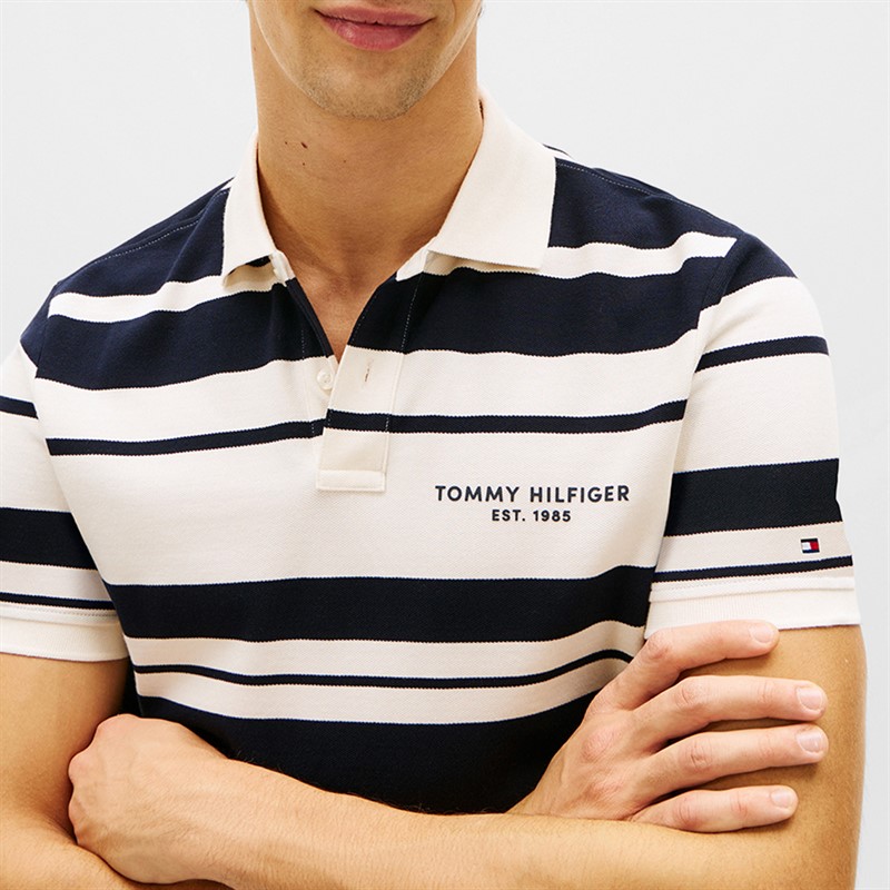 Tommy Hilfiger Mens Pique Multi Stripe Polo Shirt Ivory Petal/Desert Sky