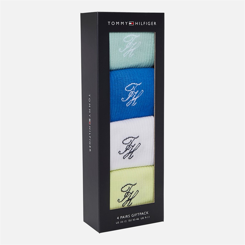 Tommy Hilfiger Mens Monogram Four Pack Gift Box Crew Socks Multi