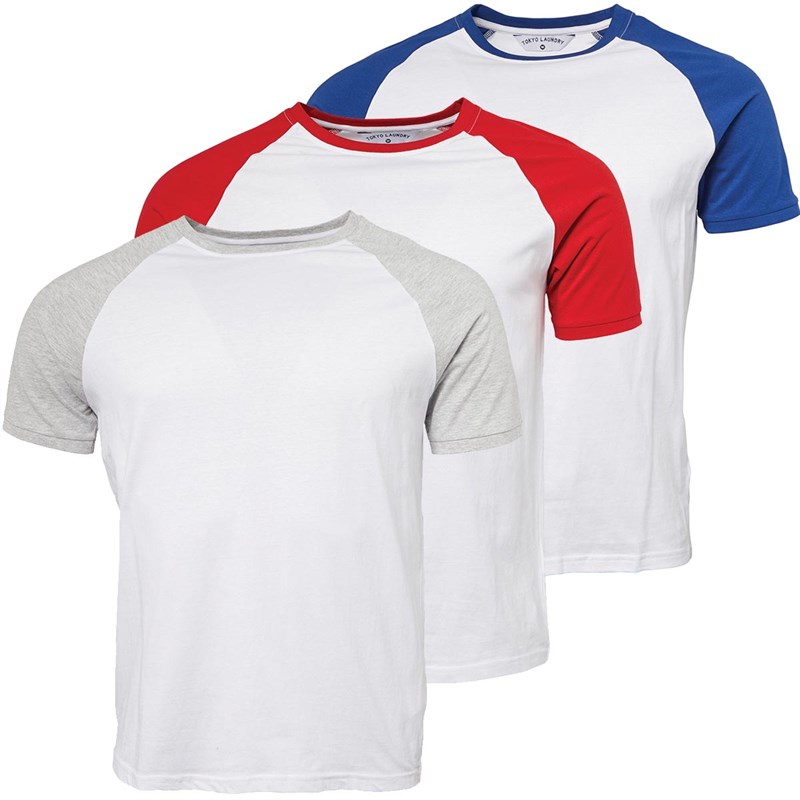 Tokyo Laundry Mens Dunswell Three Pack Raglan T-Shirts Barbados Cherry/Sodalite Blue/Light Grey Marl