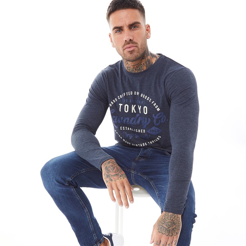 Men's Tokyo Laundry Blue Crew Neck Long Sleeve T-Shirt - Soft 100% Cotton Jersey, Regular Fit S-XXL