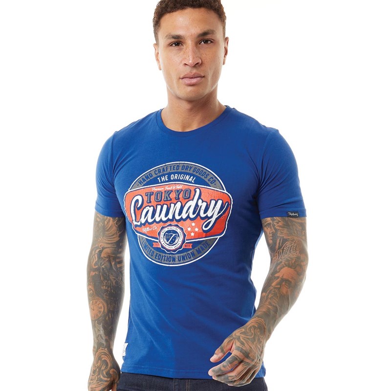 T-Shirt Homme Rétro Vintage Tokyo Laundry - Jersey Coton Doux - Bleu Moulin - Taille S