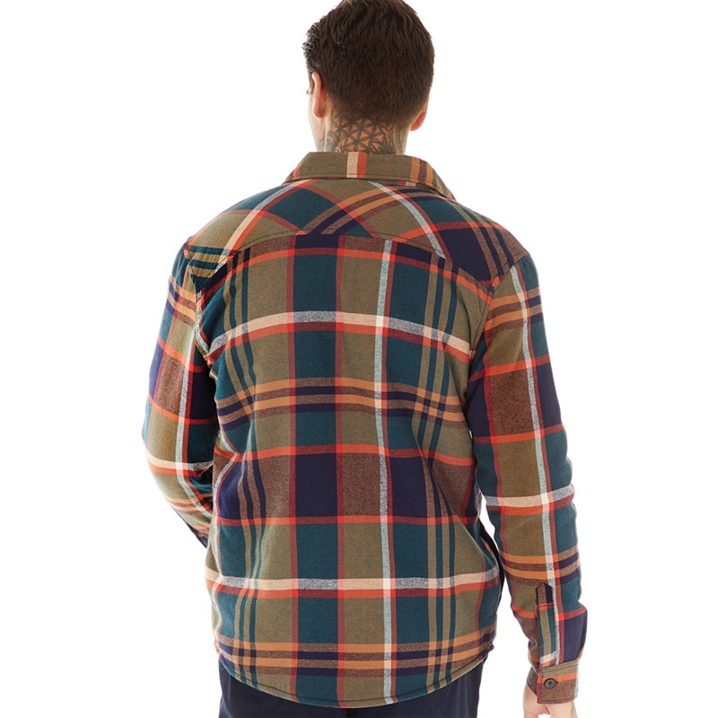Tokyo Laundry Mens Pokhara Sherpa Lined Cotton Flannel Checked Overshirt Green