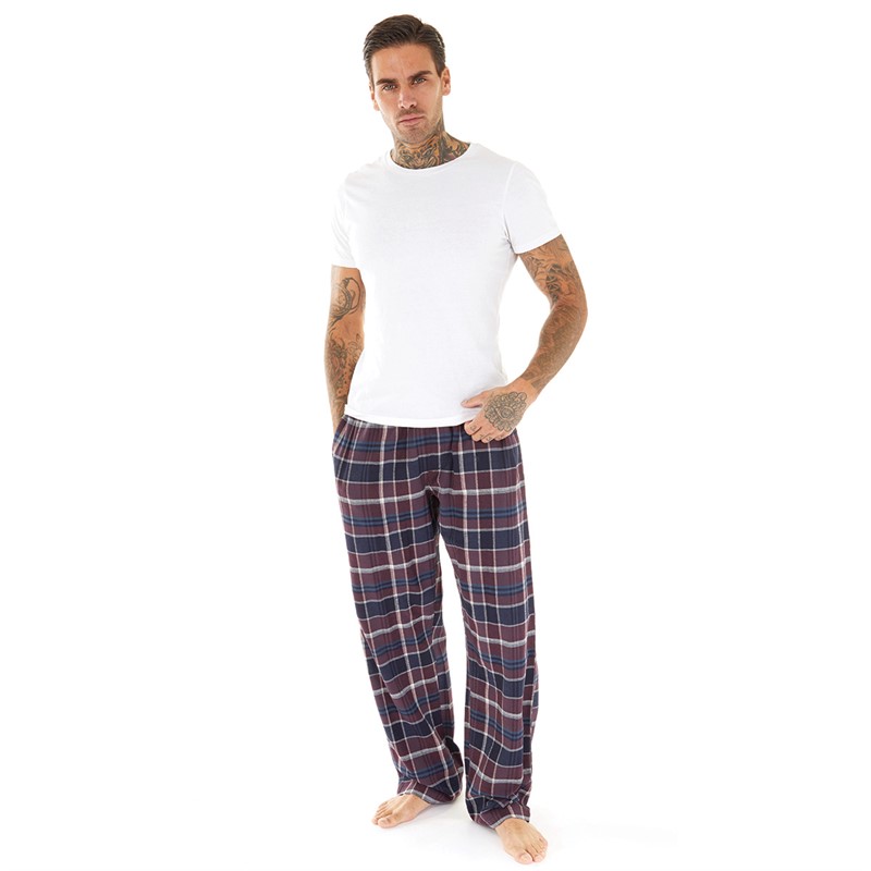 Tokyo Laundry Mens Leslie Checked Flannel Cotton Lounge Pants Burgundy/Navy