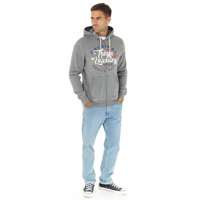 Tokyo Laundry Felpa Con Cappuccio E Zip Uomo – Blu Medievale, Taglia S, In Pile Spazzolato, Tasche A Marsupio