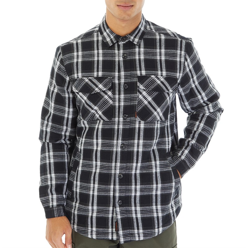 Tokyo Laundry Mens Tornio Sherpa Lined Cotton Flannel Checked Overshirt Black