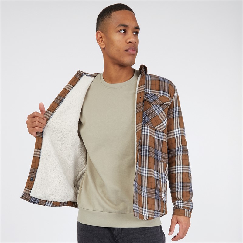 Tokyo Laundry Mens San Juan Sherpa Lined Checked Shirt Coffee