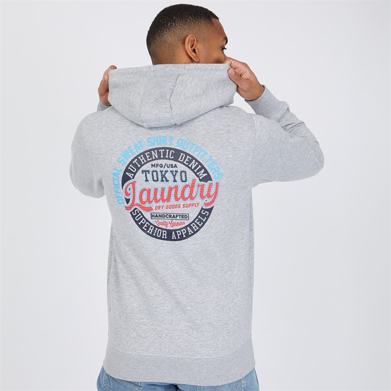 Tokyo Laundry Mens Claude Full Zip Hoodie Light Grey Marl