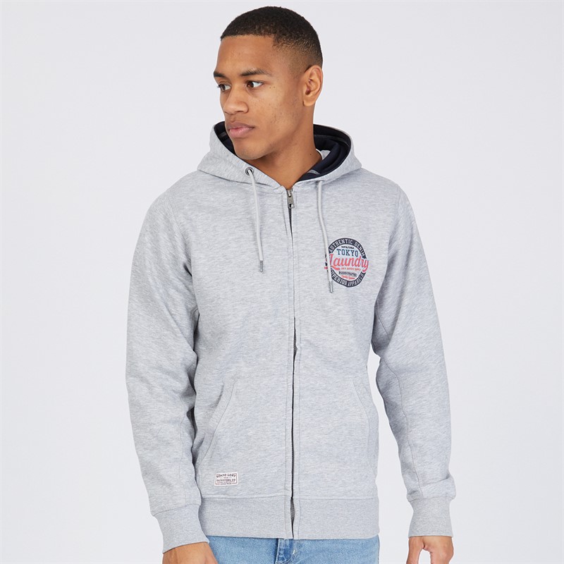 Tokyo Laundry Mens Claude Full Zip Hoodie Light Grey Marl