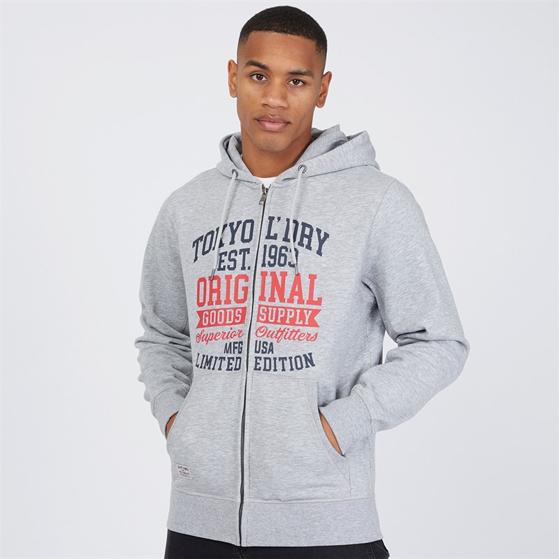 Tokyo Laundry Mens Claude Full Zip Hoodie Light Grey Marl