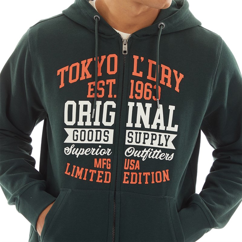 Tokyo Laundry Mens Claude Full Zip Hoodie Scarab Green