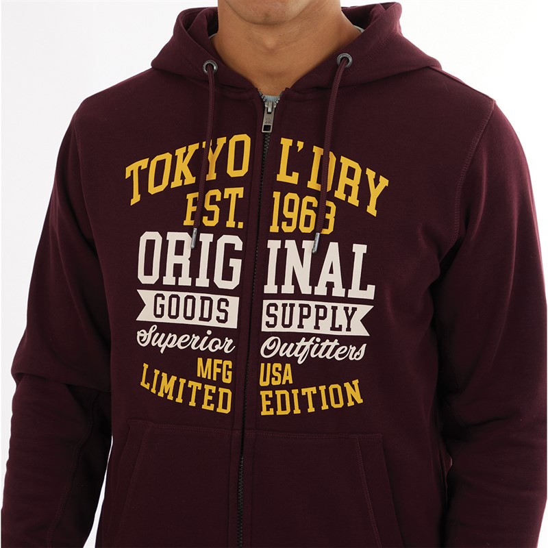 Tokyo Laundry Mens Claude Full Zip Hoodie Wine Tasting