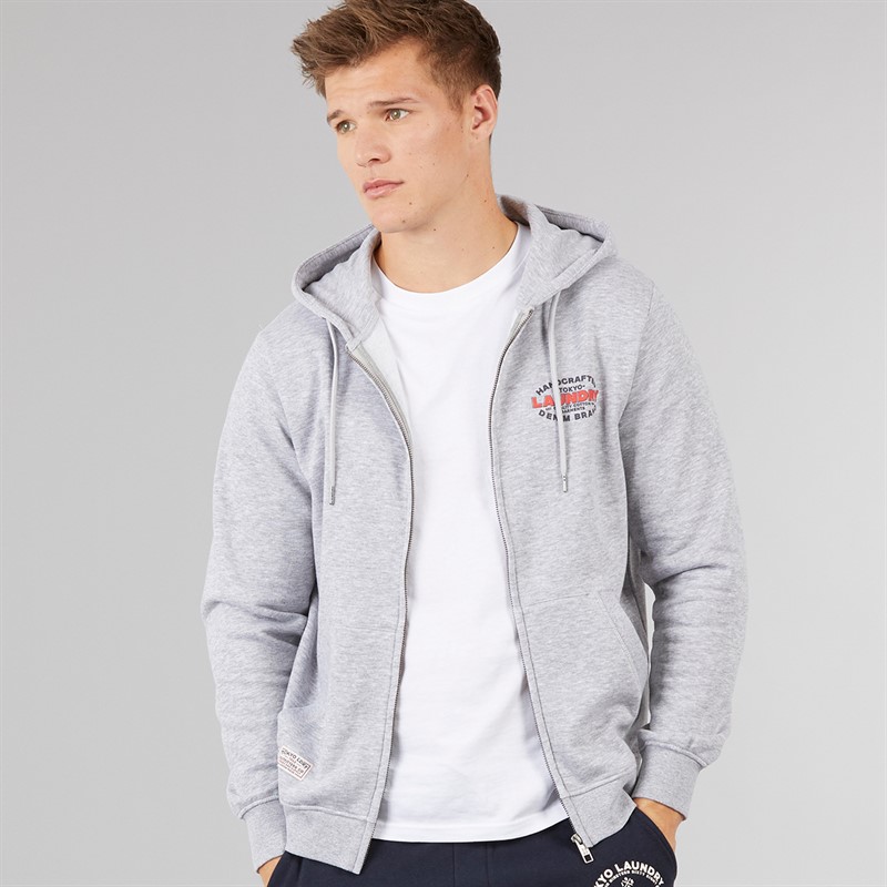 Tokyo Laundry Mens Stonefall Zip Through Hoodie Light Grey Marl