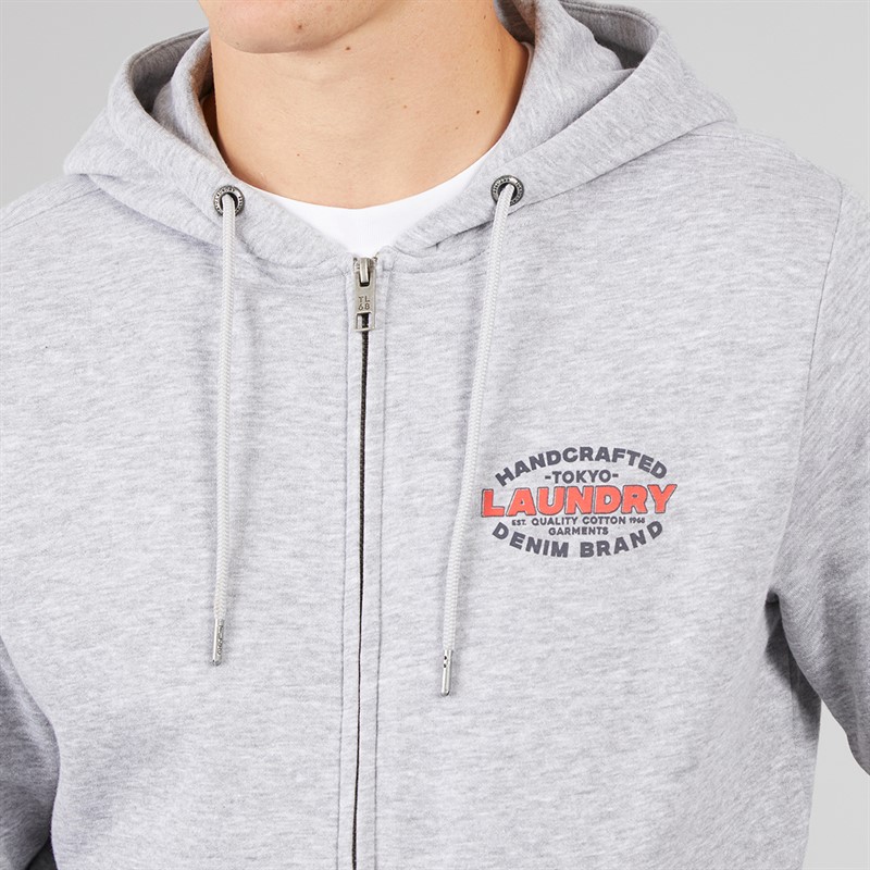 Tokyo Laundry Mens Stonefall Zip Through Hoodie Light Grey Marl