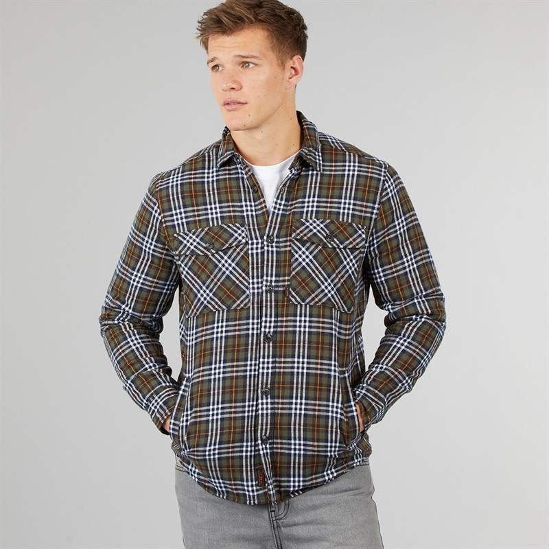 Tokyo Laundry Mens Sawatch Sherpa Lined Long Sleeve Shirt Navy/Khaki Check