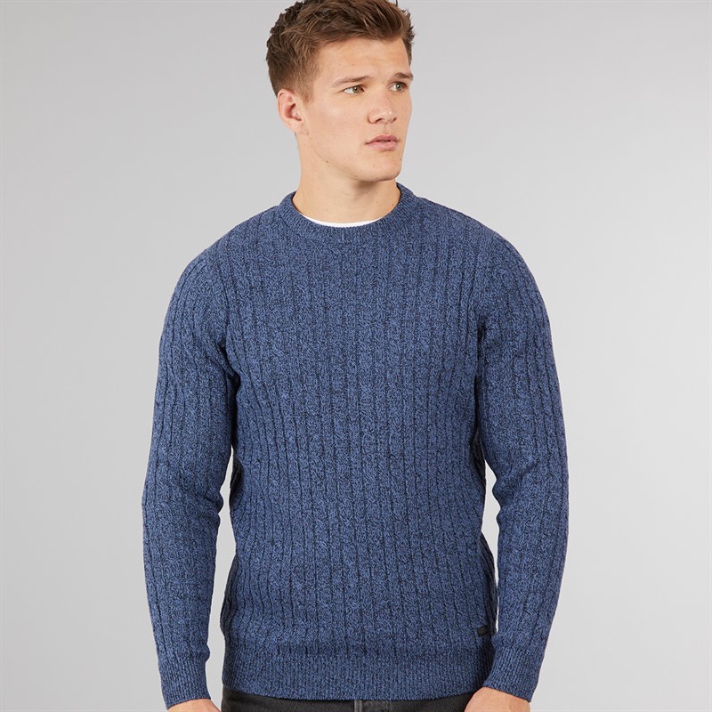 Tokyo Laundry Mens Alonso Crew Neck Cable Knit Jumper Denim Blue