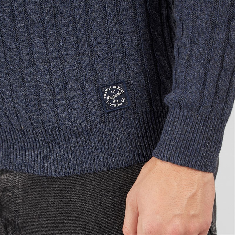 Tokyo Laundry Mens Alonso Crew Neck Cable Knit Jumper Navy
