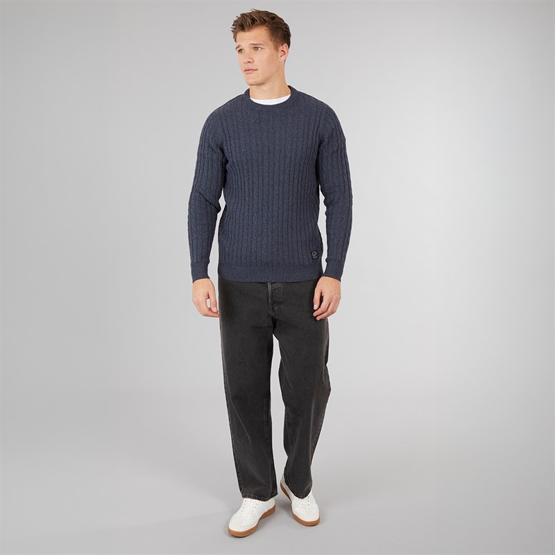 Tokyo Laundry Mens Alonso Crew Neck Cable Knit Jumper Navy