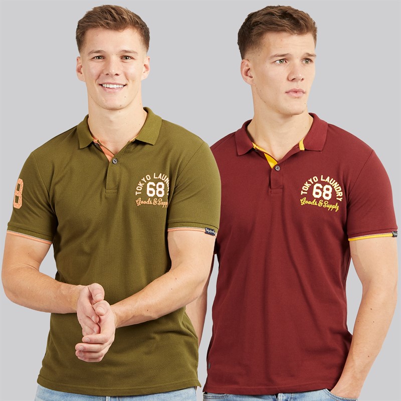 Tokyo Laundry Mens Sporty Two Pack Short Sleeve Polo Shirts Burgundy/Olive