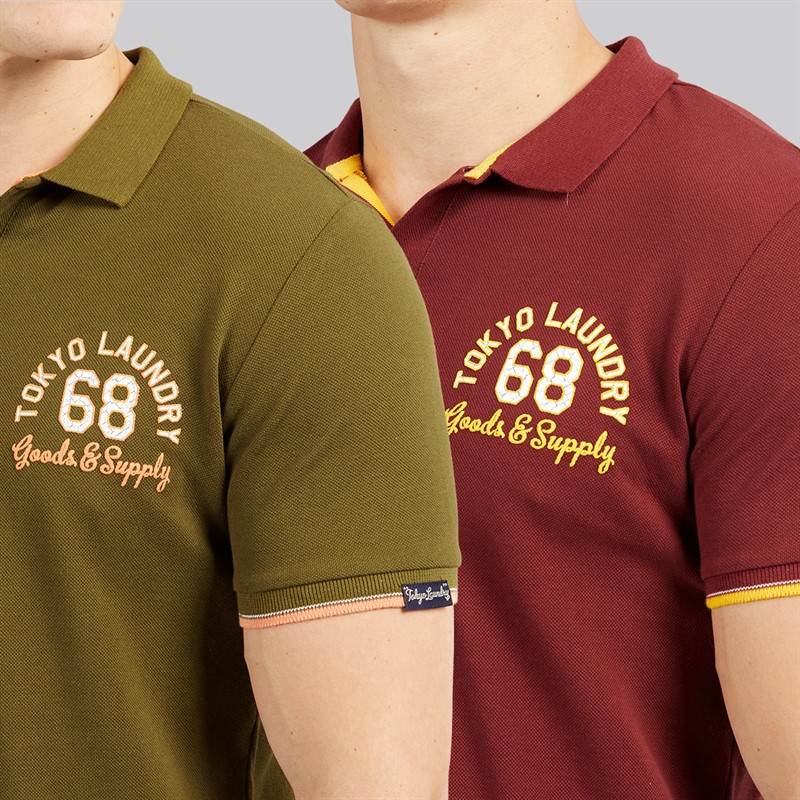 Tokyo Laundry Mens Sporty Two Pack Short Sleeve Polo Shirts Burgundy/Olive