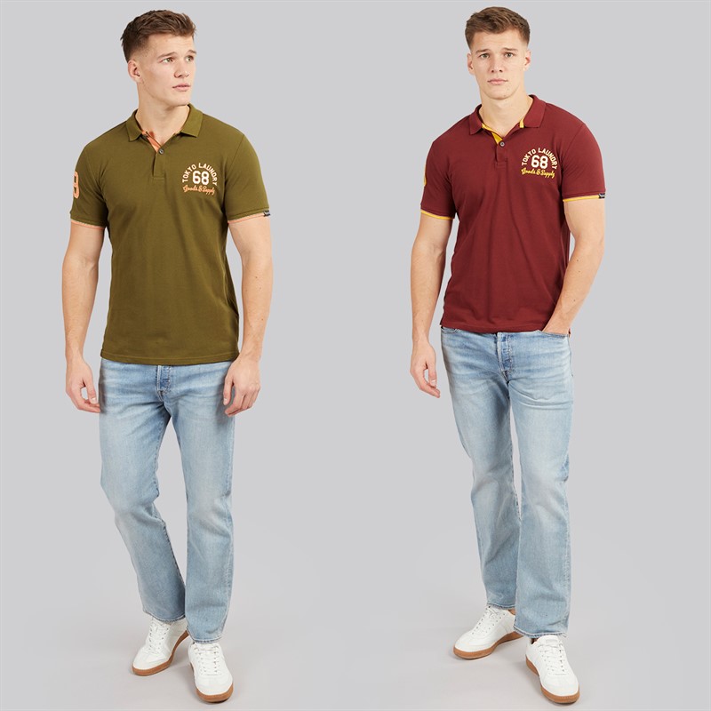 Tokyo Laundry Mens Sporty Two Pack Short Sleeve Polo Shirts Burgundy/Olive