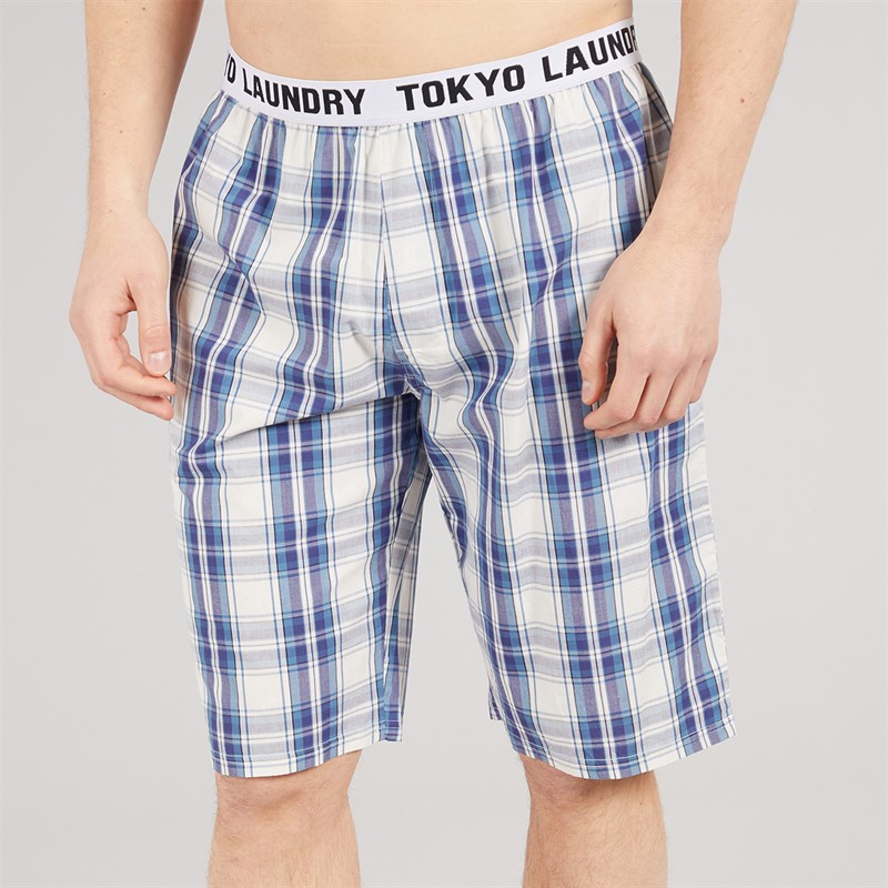 Tokyo Laundry Mens Medi Woven Checked Lounge Shorts Skipper Blue