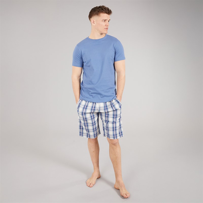 Tokyo Laundry Mens Medi Woven Checked Lounge Shorts Skipper Blue