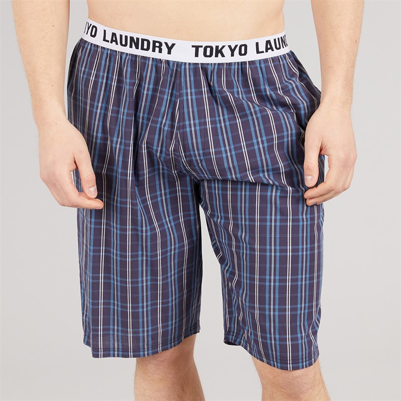 Tokyo Laundry Mens Medi Woven Checked Lounge Shorts Copen Blue