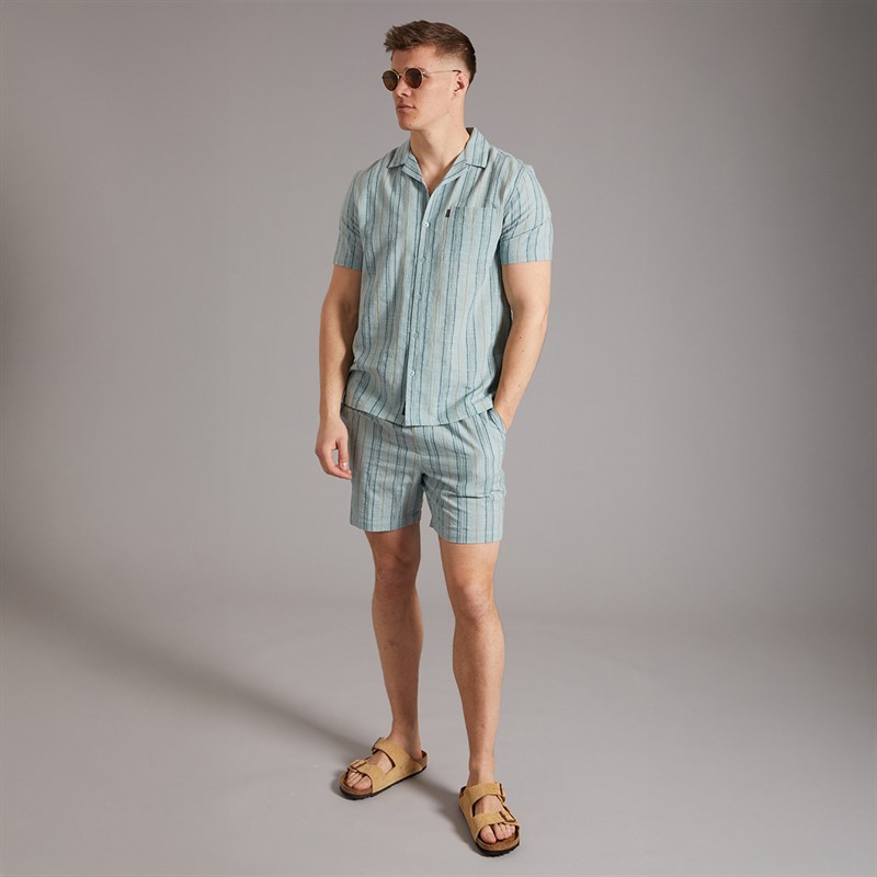 Tokyo Laundry Mens Zula Stripe Short Sleeve Shirt Blue Green Stripe