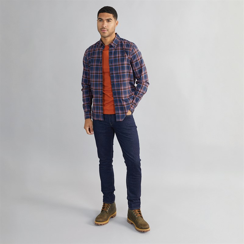Timberland Mens Stretch Poplin Long Sleeve Checked Shirt Dark Sapphire Yd