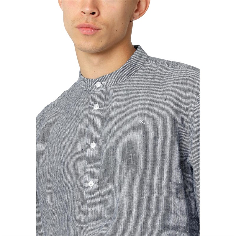 Clean Cut Copenhagen Chemise Mao en Coton et Lin Andreas Homme Bleu Marine/Ecru