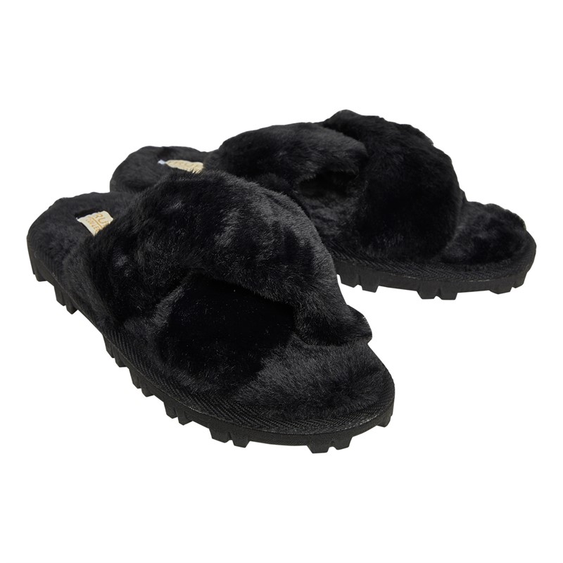 Truffle Collection Womens Carmelo Faux-Fur Cross-Strap Slippers Black Fur