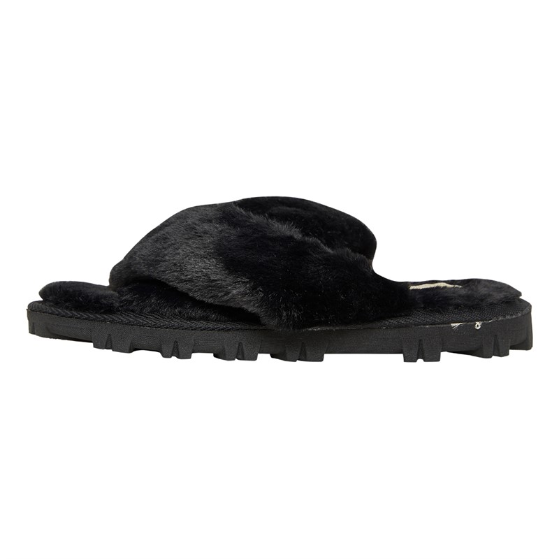 Truffle Collection Womens Carmelo Faux-Fur Cross-Strap Slippers Black Fur