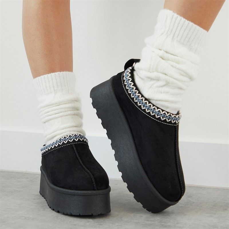 Truffle Collection Womens Vimto Chunky Warm Lined Aztec Slippers Black Micro