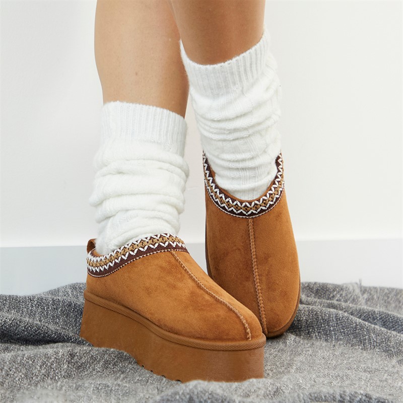 Truffle Collection Womens Vimto Chunky Warm Lined Aztec Slippers Chestnut Micro