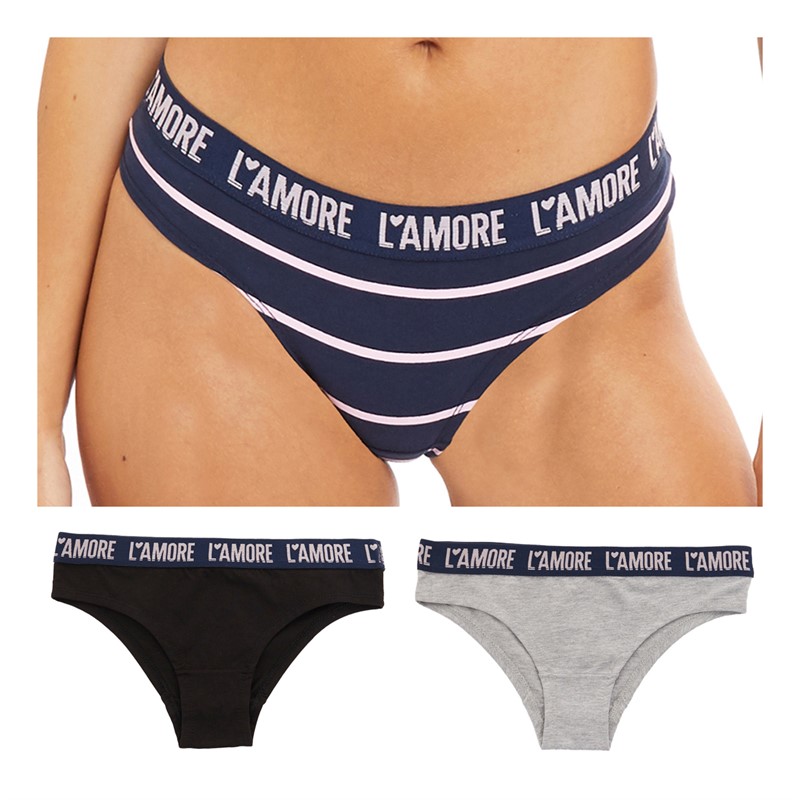 L'amore Couture Womens Stripe Three Pack Briefs Navy/Grey/Black