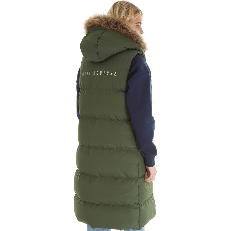 L'amore Couture Womens Abigail Hooded Long Gilet With Gold Trims Olive