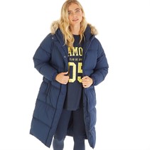 L'amore Couture Womens Harper Longline Puffer Hooded Fur Navy