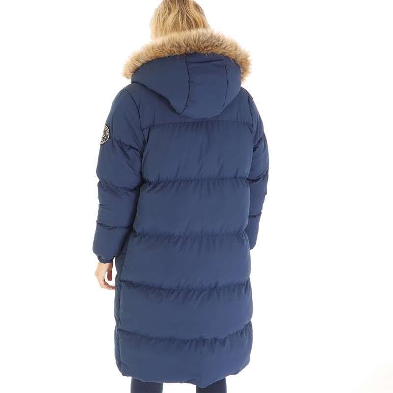 L'amore Couture Womens Harper Longline Puffer Hooded Fur Navy