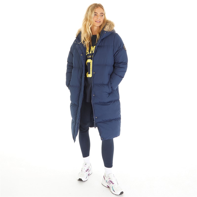 L'amore Couture Womens Harper Longline Puffer Hooded Fur Navy