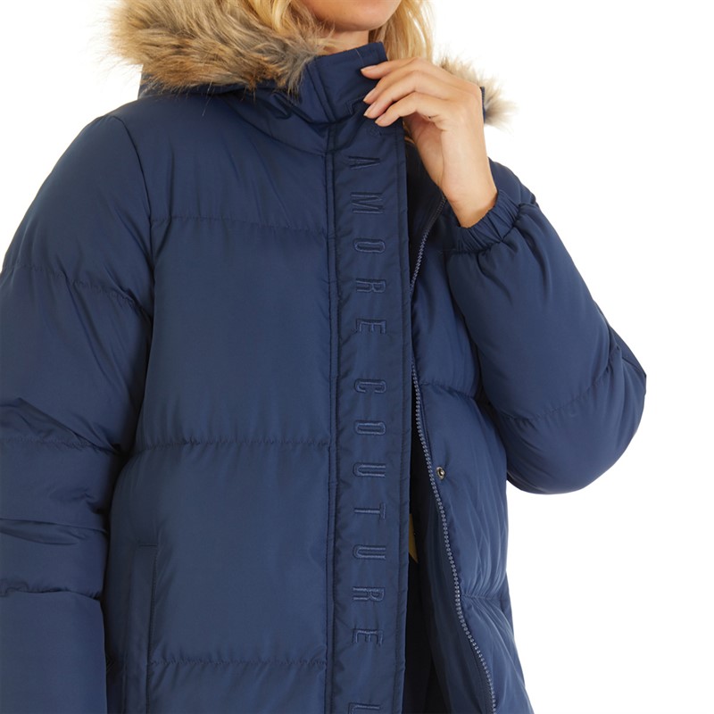 L'amore Couture Womens Harper Longline Puffer Hooded Fur Navy