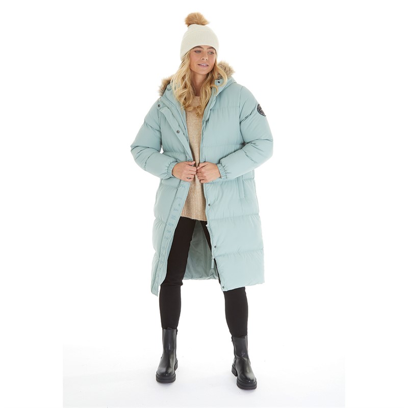 L'amore Couture Womens Harper Longline Puffer Jacket Hooded Fur Sage