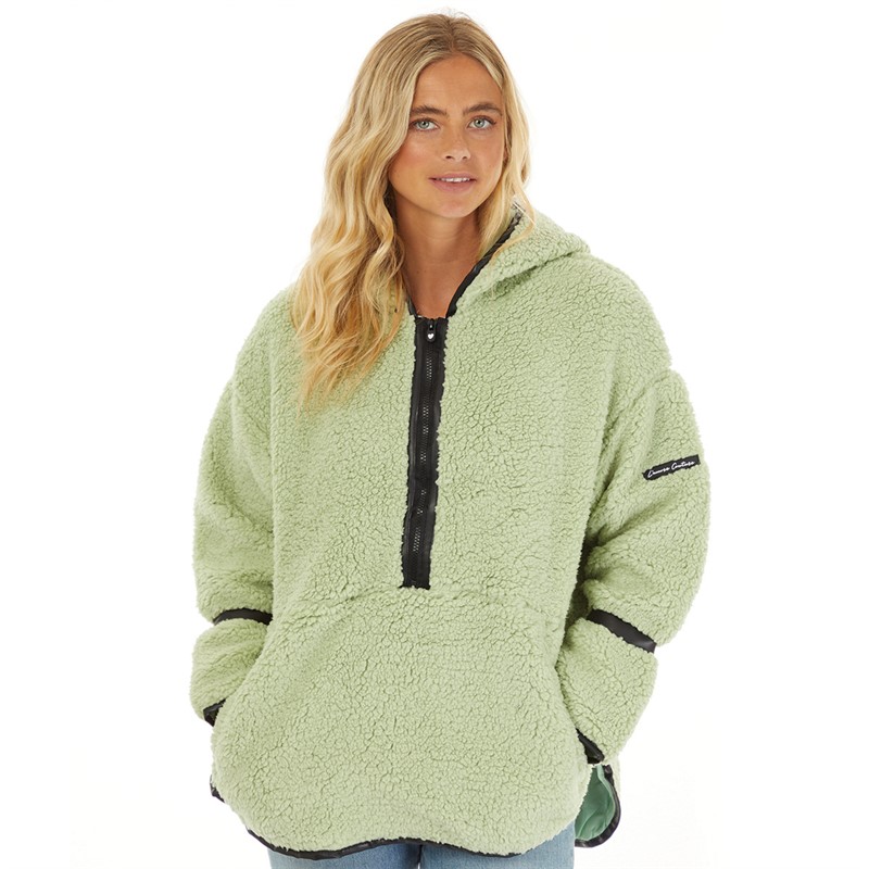 L'amore Couture Womens Talia 1/2 Zip Hooded Borg Fleece Sage