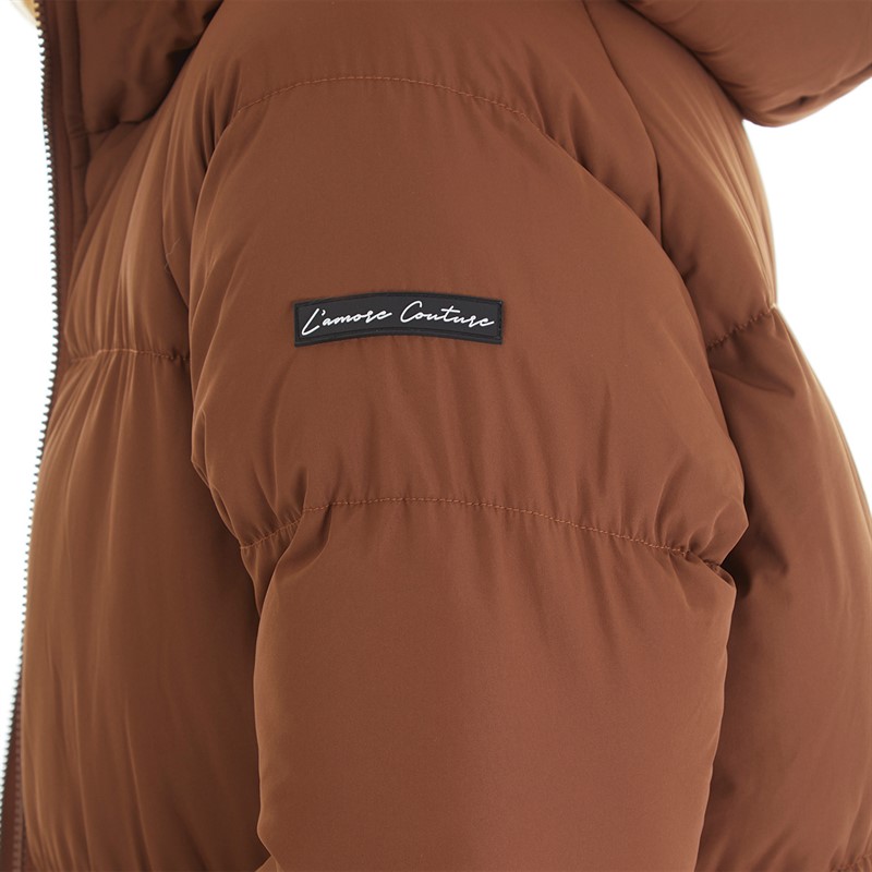 L'amore Couture Womens Fields Maxi Hooded Puffer Jacket Brown